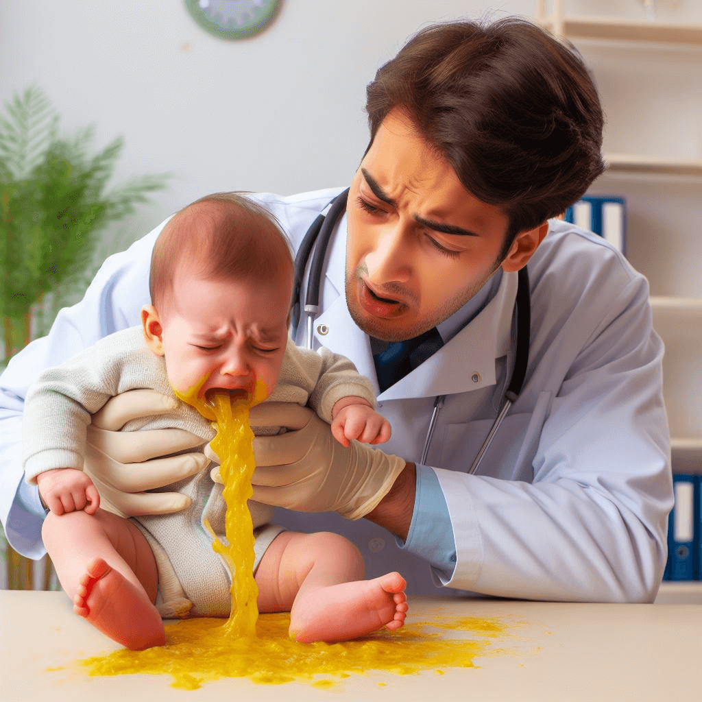 baby having severe forceful vomiting, which is yellowish, baby is being hold by paediatrician