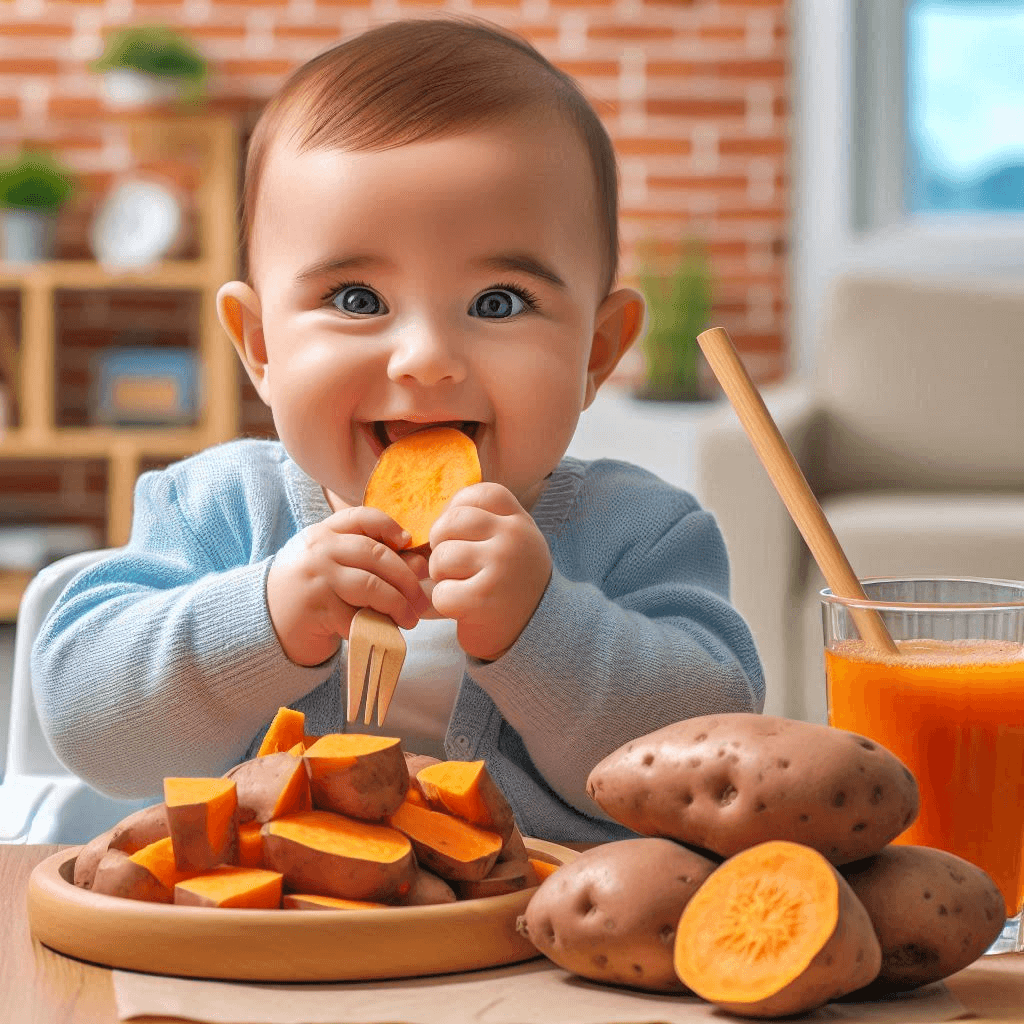 baby eating sweet potato: a weight-gaining food for kids